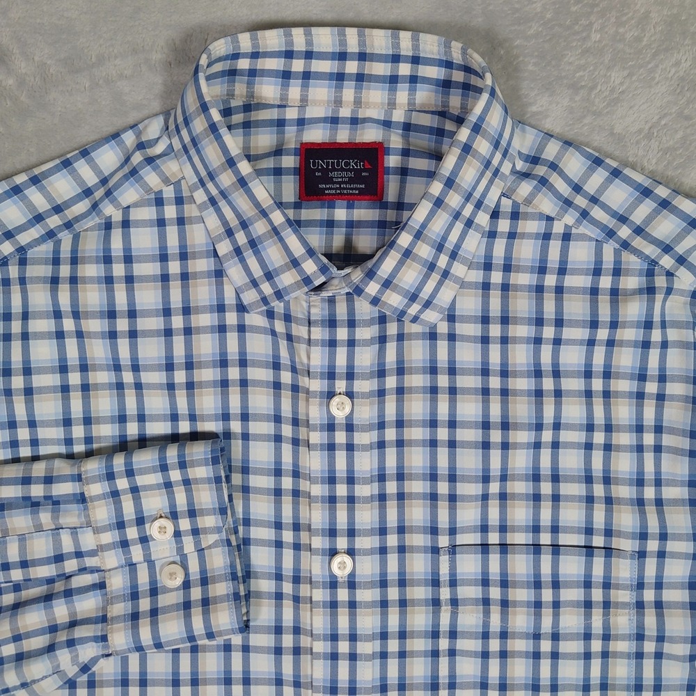 UNTUCKit Mens Medium Slim Fit Blue Plaid Commuter Nylon Stretch Button Up Shirt